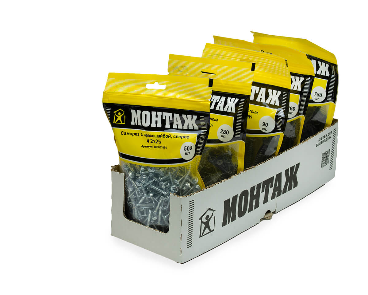 Саморез с прессшайбой 4.2x25, сверло, цинк, дой-пак L, МОНТАЖ (пакет/500шт)