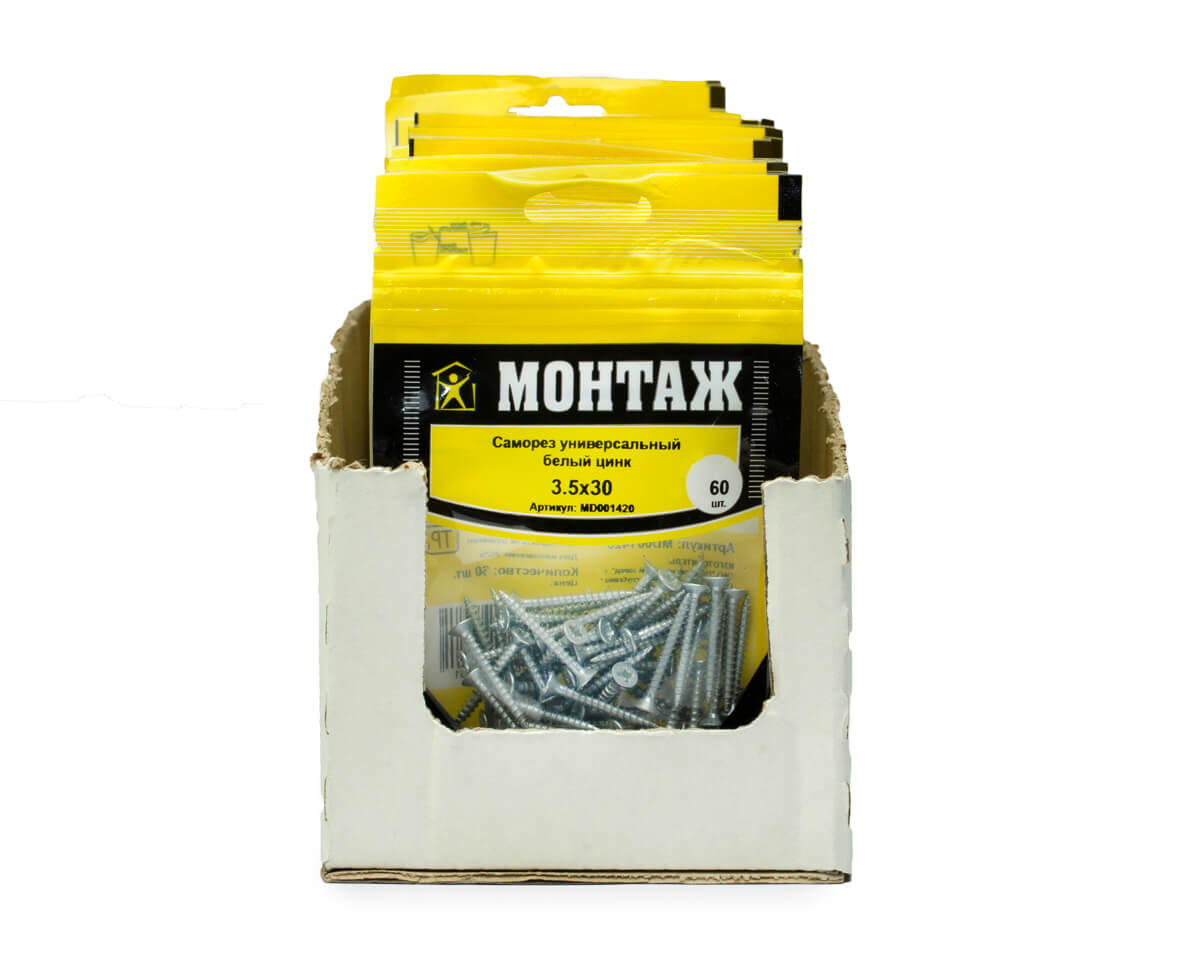 Саморез универсальный 3.5x30, белый цинк, дой-пак S, МОНТАЖ (пакет/60шт)