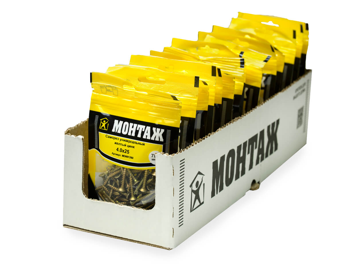 Саморез универсальный 4.0x25, желтый цинк, дой-пак S, МОНТАЖ (пакет/75шт)