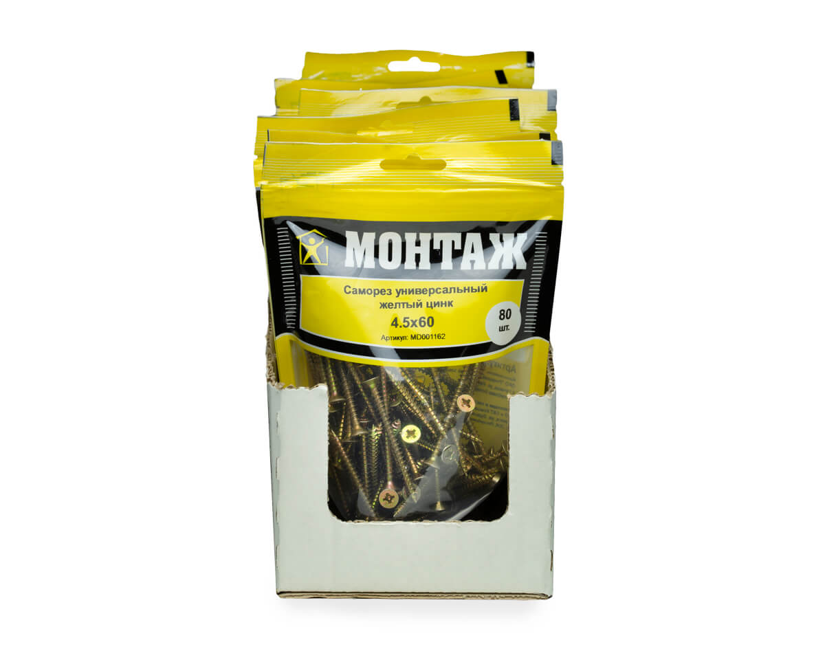 Саморез универсальный 4.5x60, желтый цинк, дой-пак M, МОНТАЖ (пакет/80шт)