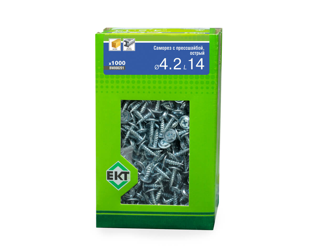 Саморез с прессшайбой, 4.2x14 острый, цинк, в коробке с окном, ЕКТ (упак/1.000шт)