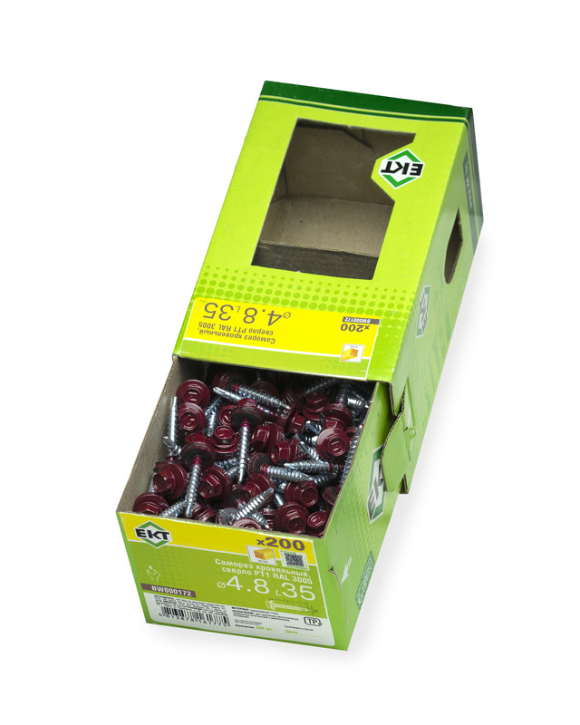 Саморез кровельный с резин. прокл. 4.8х35 сверло PT1, RAL 3005, в коробке с окном, ЕКТ (упак/200шт)