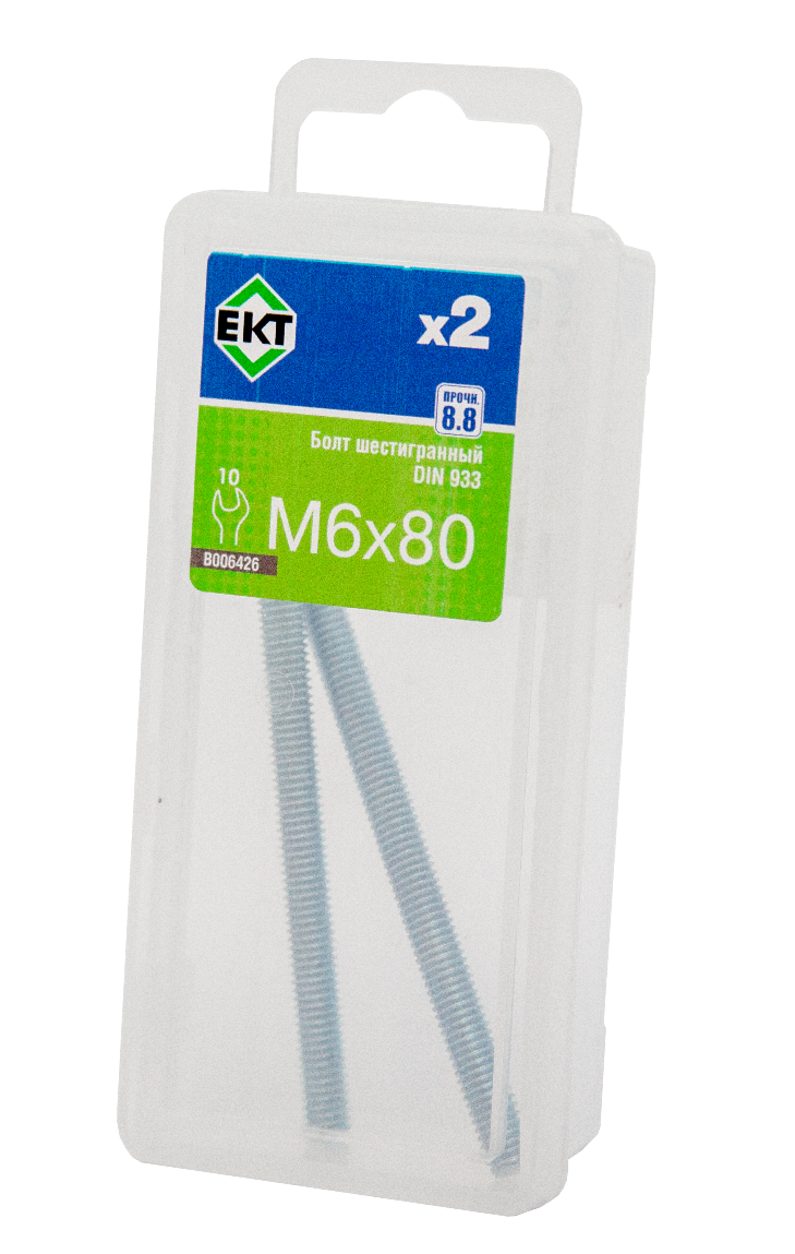 Болт шестигранный 6х 80, цинк, прочн. 8.8 DIN 933 (упак/2шт)