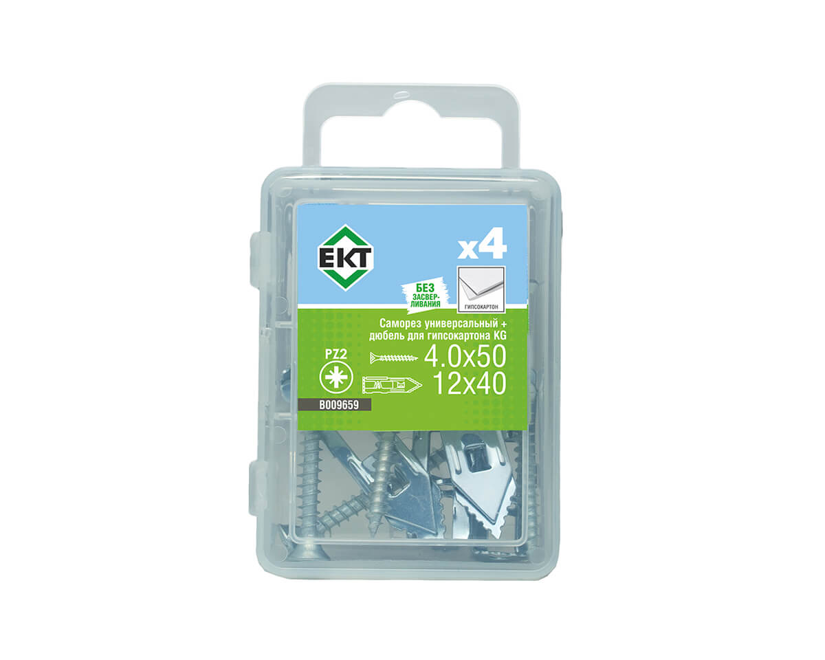 Саморез, белый цинк 4.0х50 + Дюбель для гипсокартонных плит 12х40 KG, ЕКТ (упак/4шт)