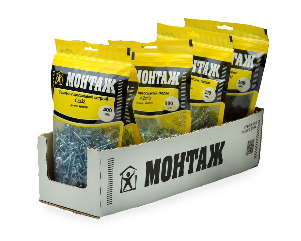 Саморез с прессшайбой 4.2x32, острый, цинк, дой-пак L, МОНТАЖ (пакет/400шт)