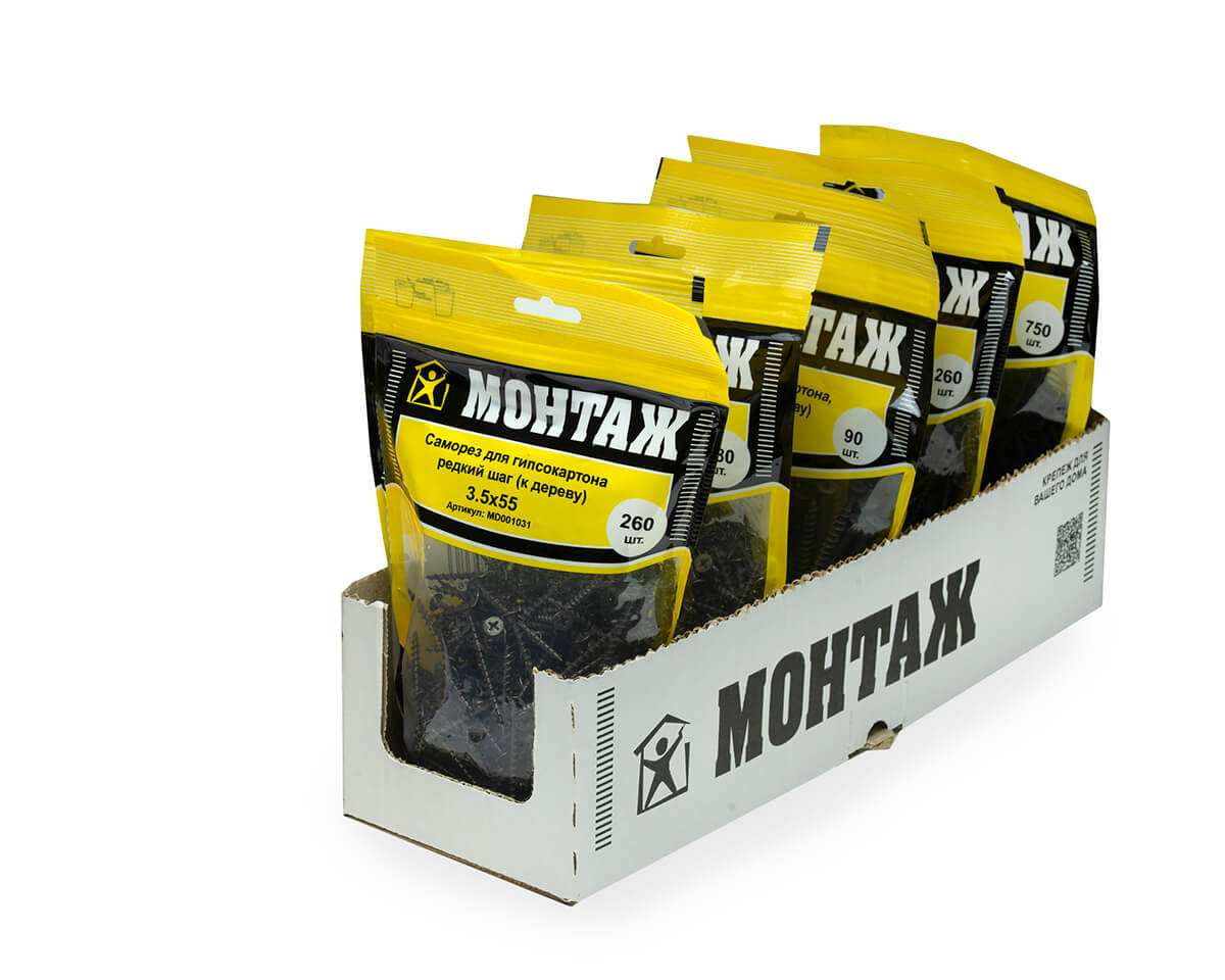 Саморез для гипсокартона 3.5x55, редкий шаг (к дереву), фосфат, дой-пак L, МОНТАЖ (пакет/260шт)