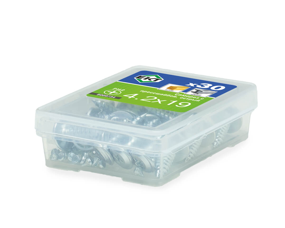 Саморез с прессшайбой, 4.2x19 острый, цинк, ЕКТ (упак/30шт)