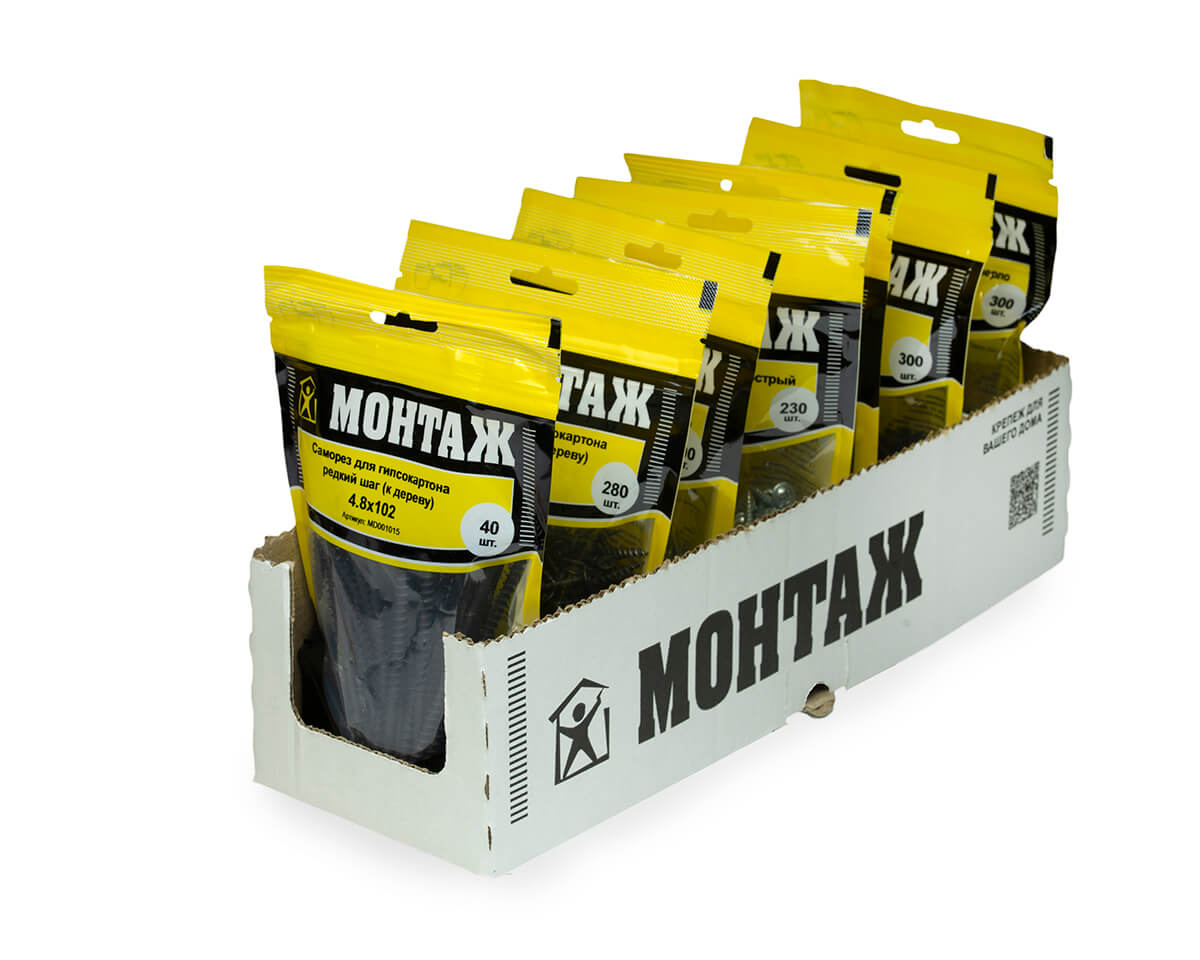 Саморез для гипсокартона 4.8x102, редкий шаг (к дереву), фосфат, дой-пак M, МОНТАЖ (пакет/40шт)