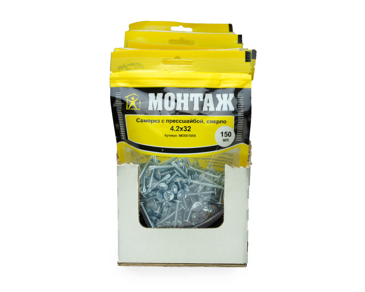 Саморез с прессшайбой 4.2x32, сверло, цинк, дой-пак M, МОНТАЖ (пакет/150шт)