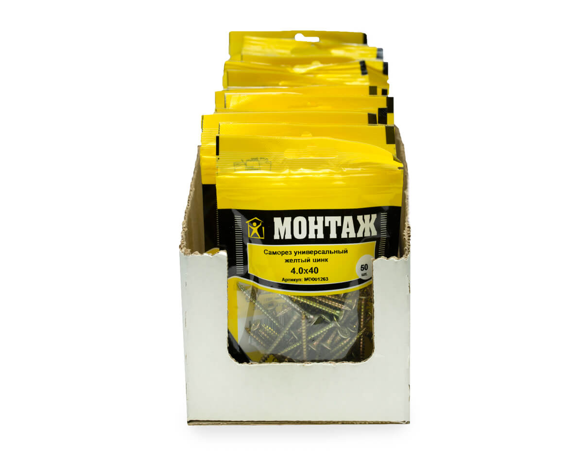 Саморез универсальный 4.0x40, желтый цинк, дой-пак S, МОНТАЖ (пакет/50шт)