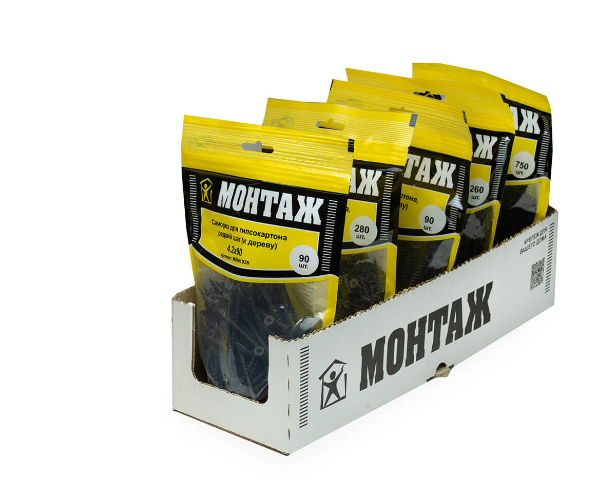 Саморез для гипсокартона 4.2x90, редкий шаг (к дереву), фосфат, дой-пак L, МОНТАЖ (пакет/90шт)