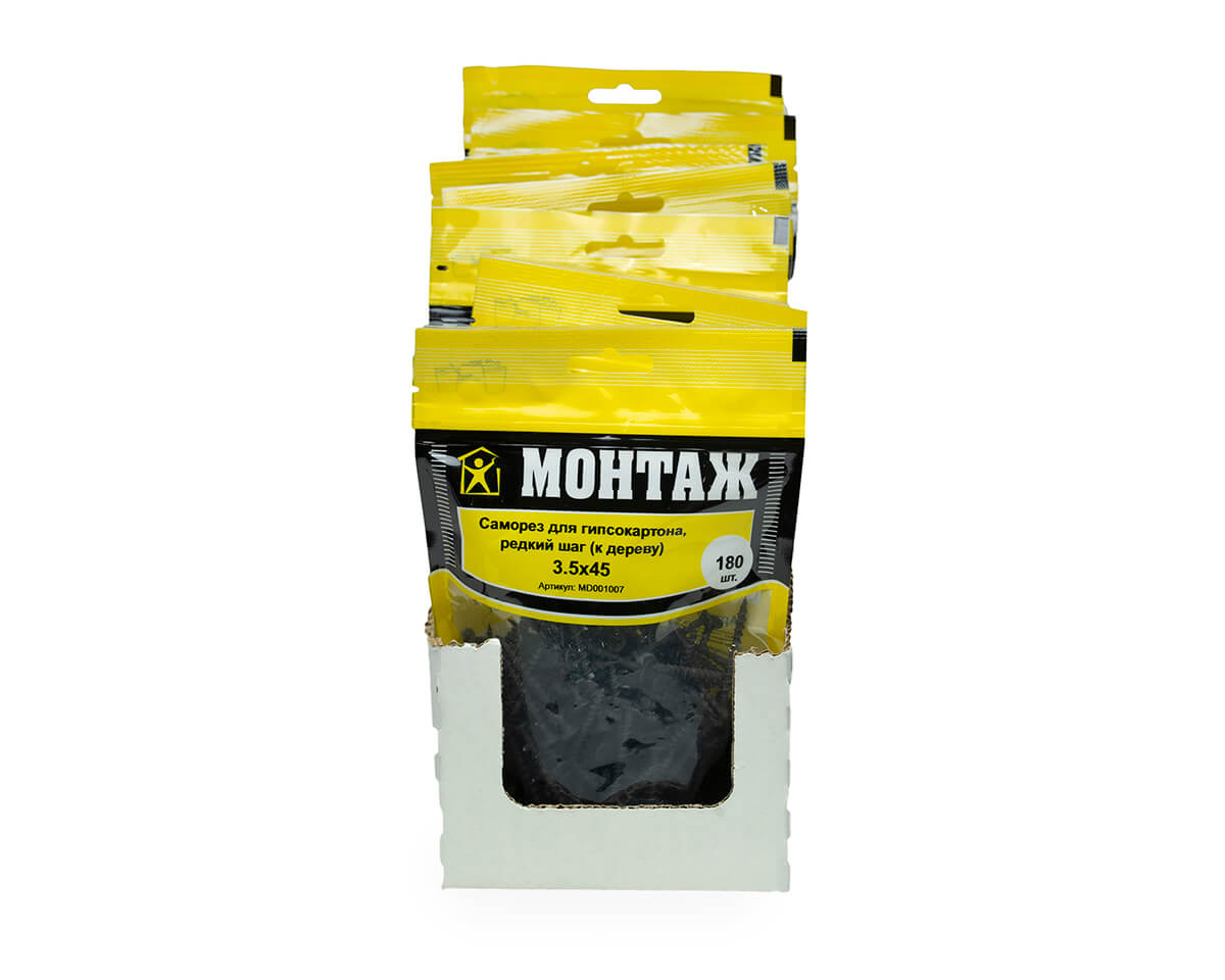 Саморез для гипсокартона 3.5x45, редкий шаг (к дереву), фосфат, дой-пак M, МОНТАЖ (пакет/180шт)