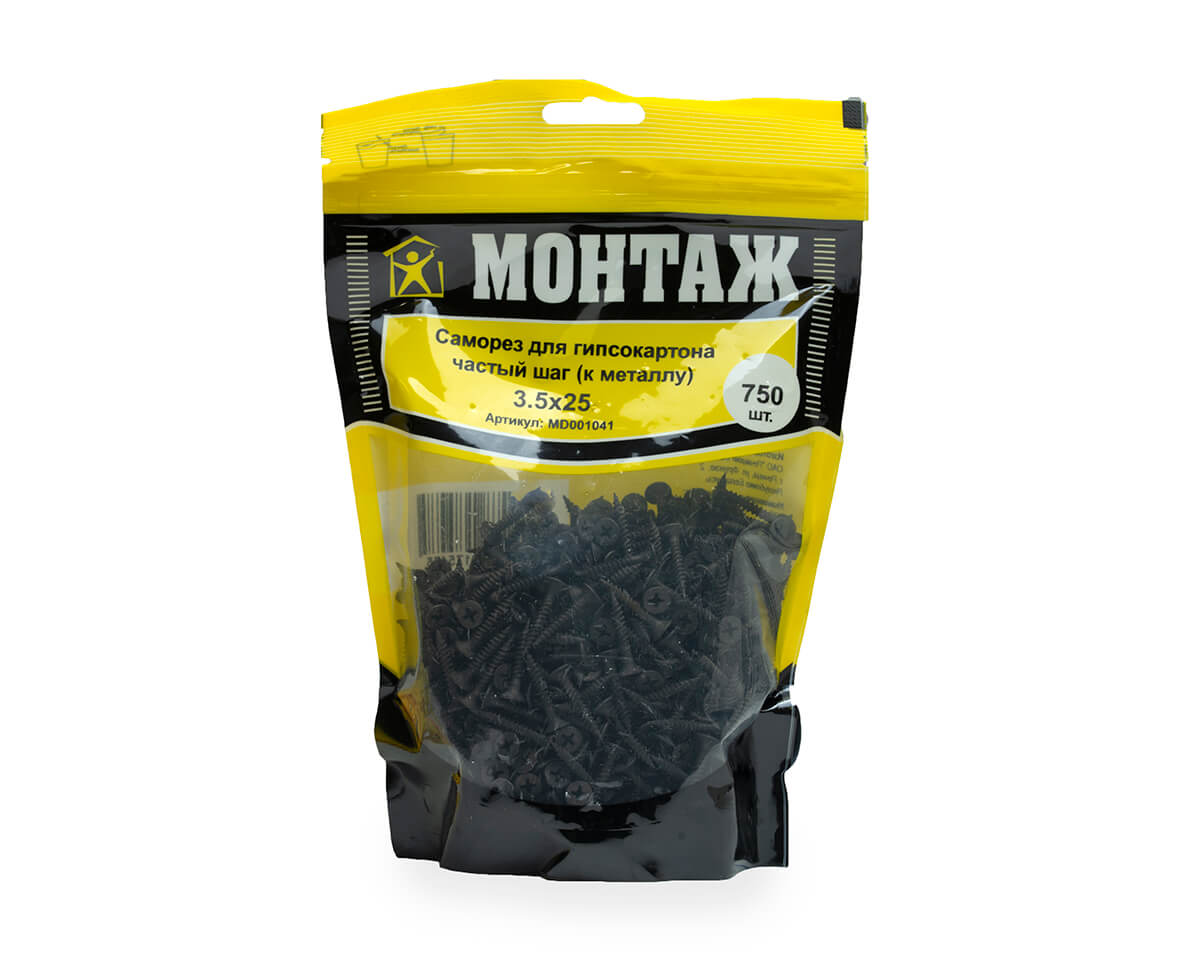 Саморез для гипсокартона 3.5x25, частый шаг (к металлу), фосфат, дой-пак L, МОНТАЖ (пакет/750шт)