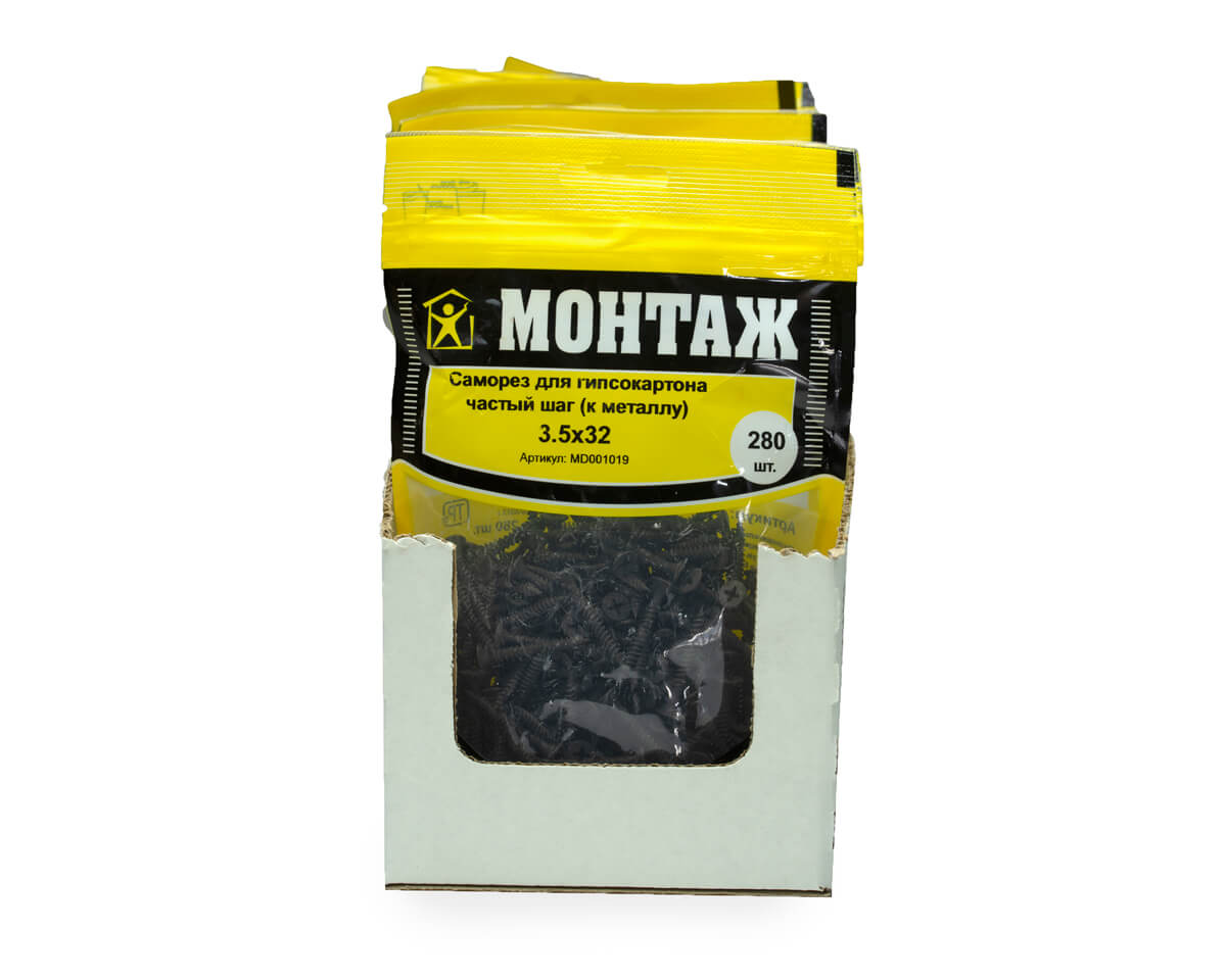 Саморез для гипсокартона 3.5x32, частый шаг (к металлу), фосфат, дой-пак M, МОНТАЖ (пакет/280шт)