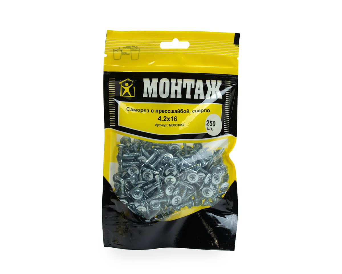 Саморез с прессшайбой 4.2x16, сверло, цинк, дой-пак M, МОНТАЖ (пакет/250шт)