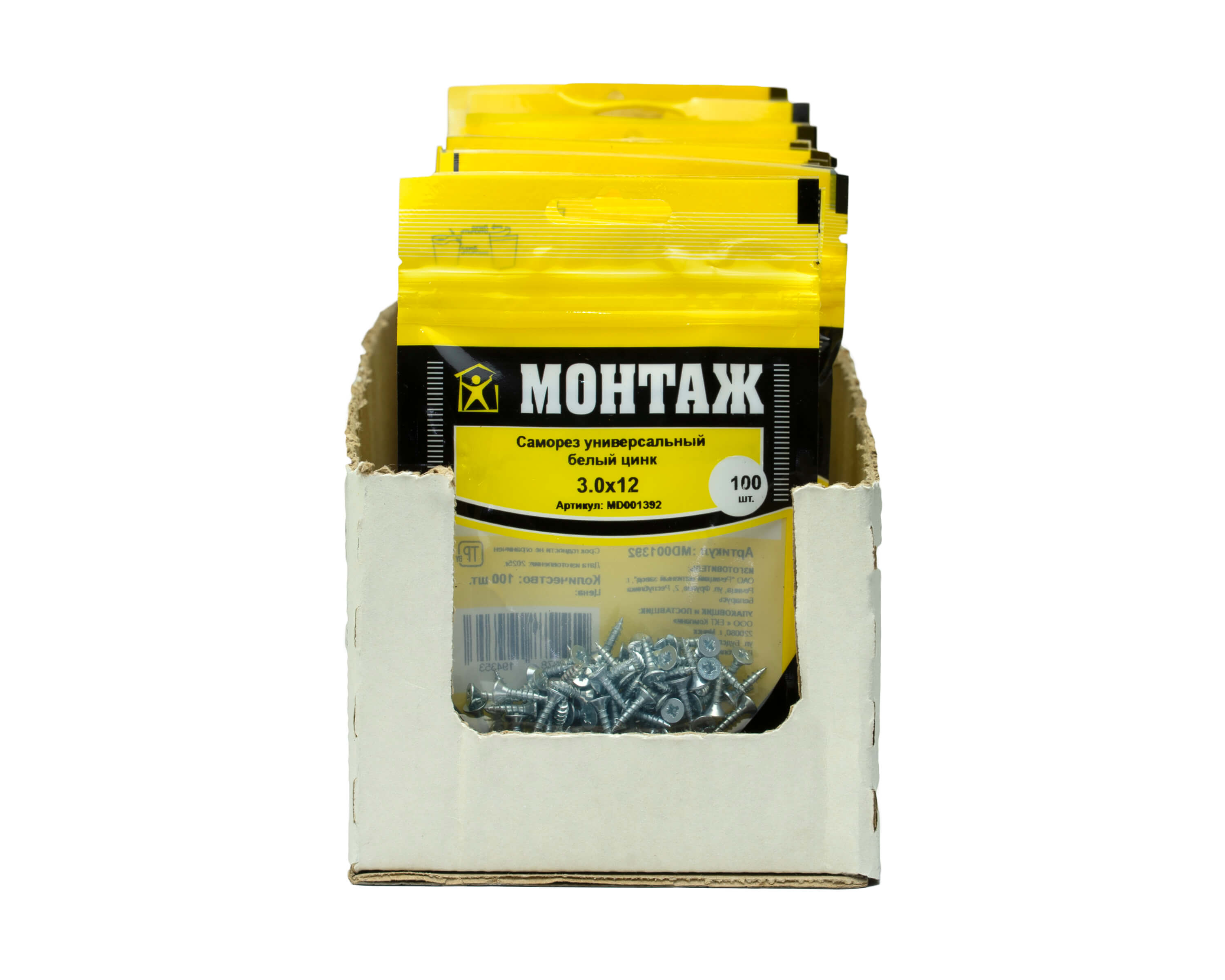Саморез универсальный 3.0x12, белый цинк, дой-пак S, МОНТАЖ (пакет/100шт)