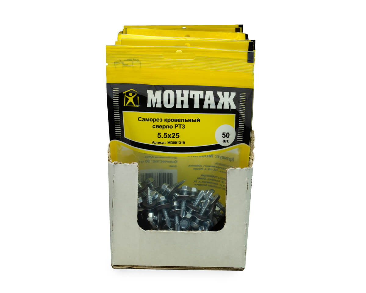 Саморез кровельный с резин. прокл. 5.5х25, сверло PT3, оцинк., дой-пак M, МОНТАЖ (упак/50шт)