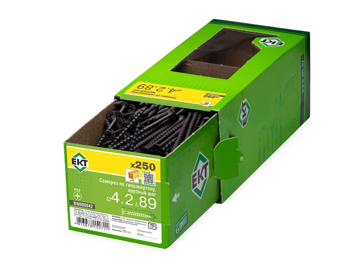 Саморез по ГК 4.2х89 крупный шаг (к дереву), фосфат., в коробке с окном, ЕКТ (упак/250шт)