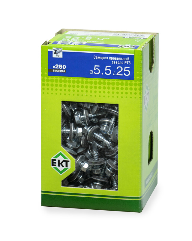 Саморез кровельный с резин. прокл. 5.5х25 сверло PT3, цинк, в коробке с окном, ЕКТ (упак/250шт)