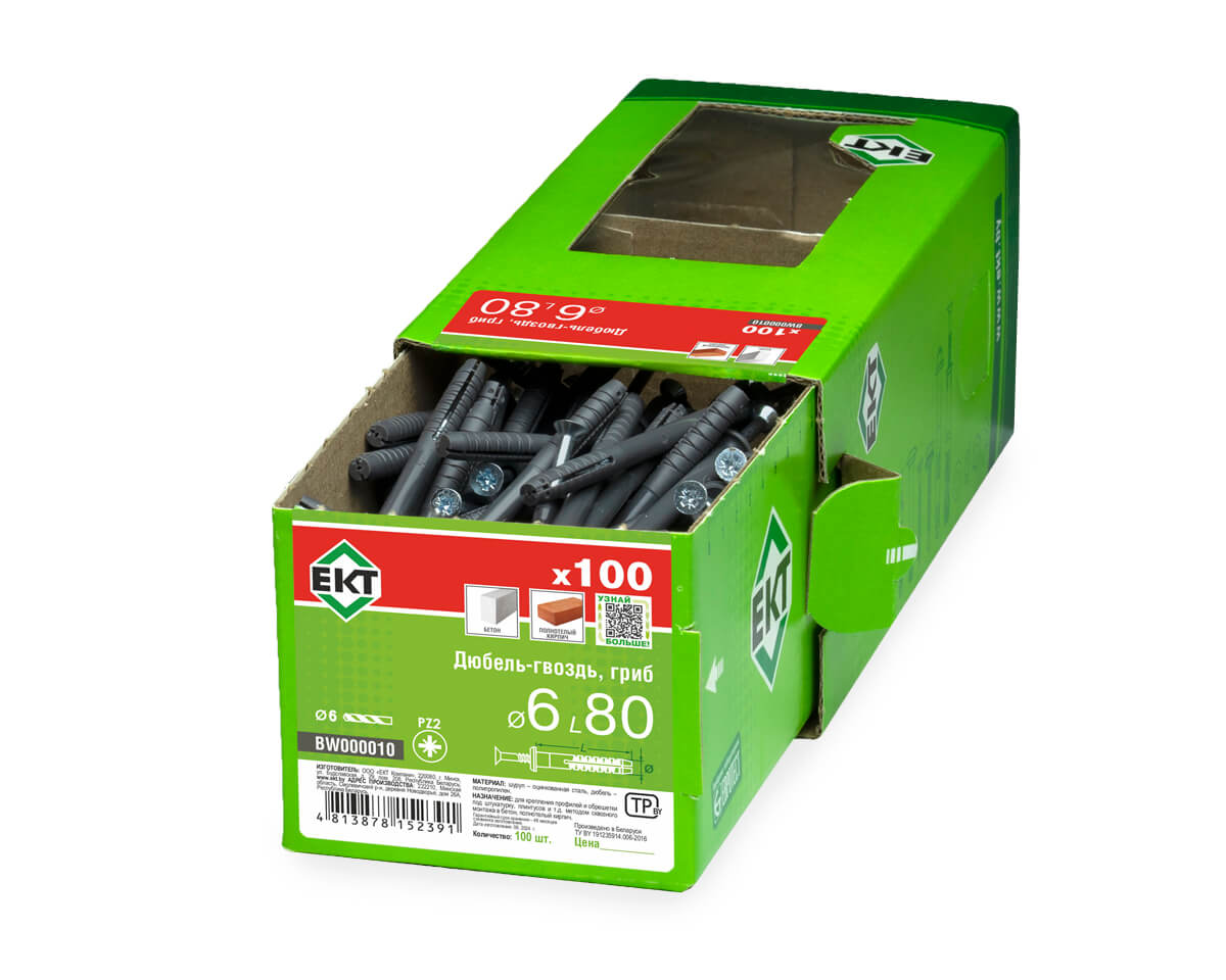 Дюбель-гвоздь GL, 6x80 гриб, п/п, ЕКТ (кор. с окном/100шт)
