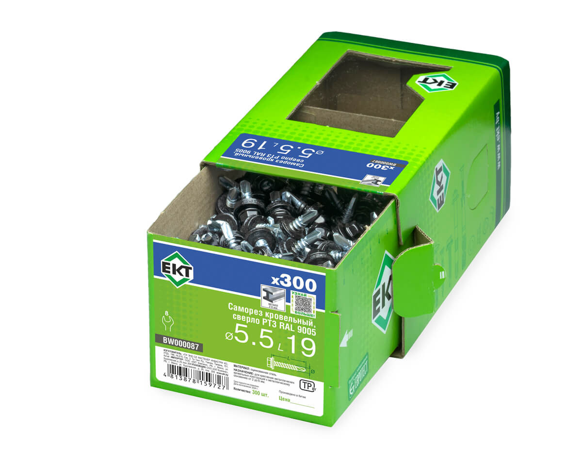 Саморез кровельный с резин. прокл. 5.5х19 сверло PT3, RAL 9005, в коробке с окном, ЕКТ (упак/300шт)