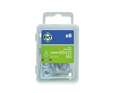 Болт с 6-гран. гол. M6х30, DIN933 в компл. с гайкой и усиленной шайбой М6, цинк (упак/6шт)