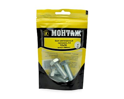 Болт с шестигр. головкой М12х35/35, DIN933/ГОСТ 7798-70,кл.5.8,цинк МОНТАЖ (пакет/4шт)