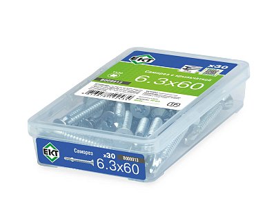 Саморез с крыльчаткой 6.3х60, сверло, цинк, в пласт. контейнере, ЕКТ (упак/30шт)